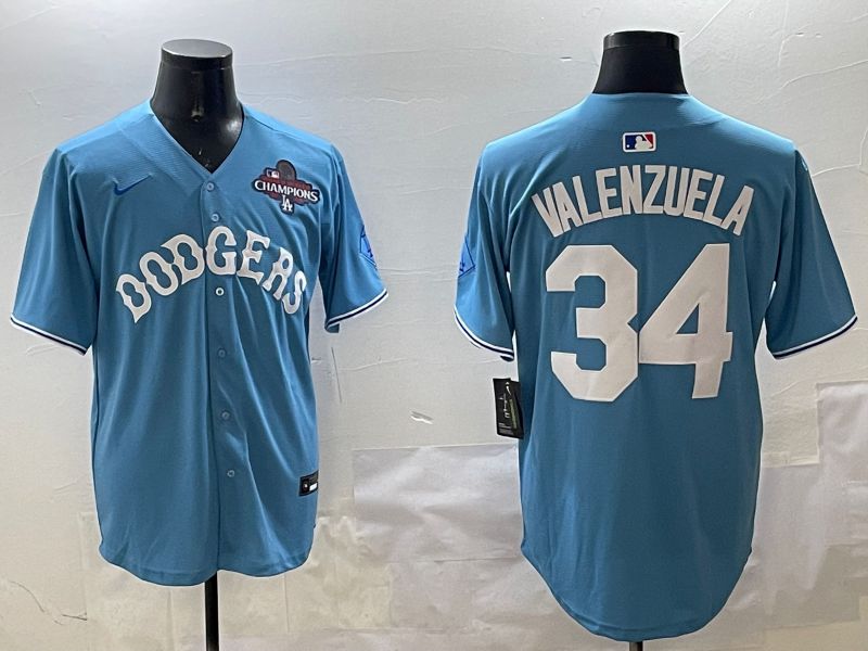 Men Los Angeles Dodgers #34 Valenzuela Light Blue Joint Name 2025 Nike MLB Jersey style 3164->los angeles dodgers->MLB Jersey
